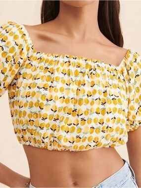 Anthropologie Yellow Lemon-Print Square Neck Crop Top